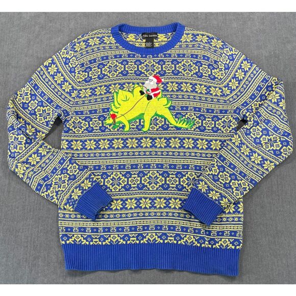 Mens Ugly Christmas Sweater L Blue Yellow Santa Dinosaur Knit Funny Holiday - Picture 1 of 9
